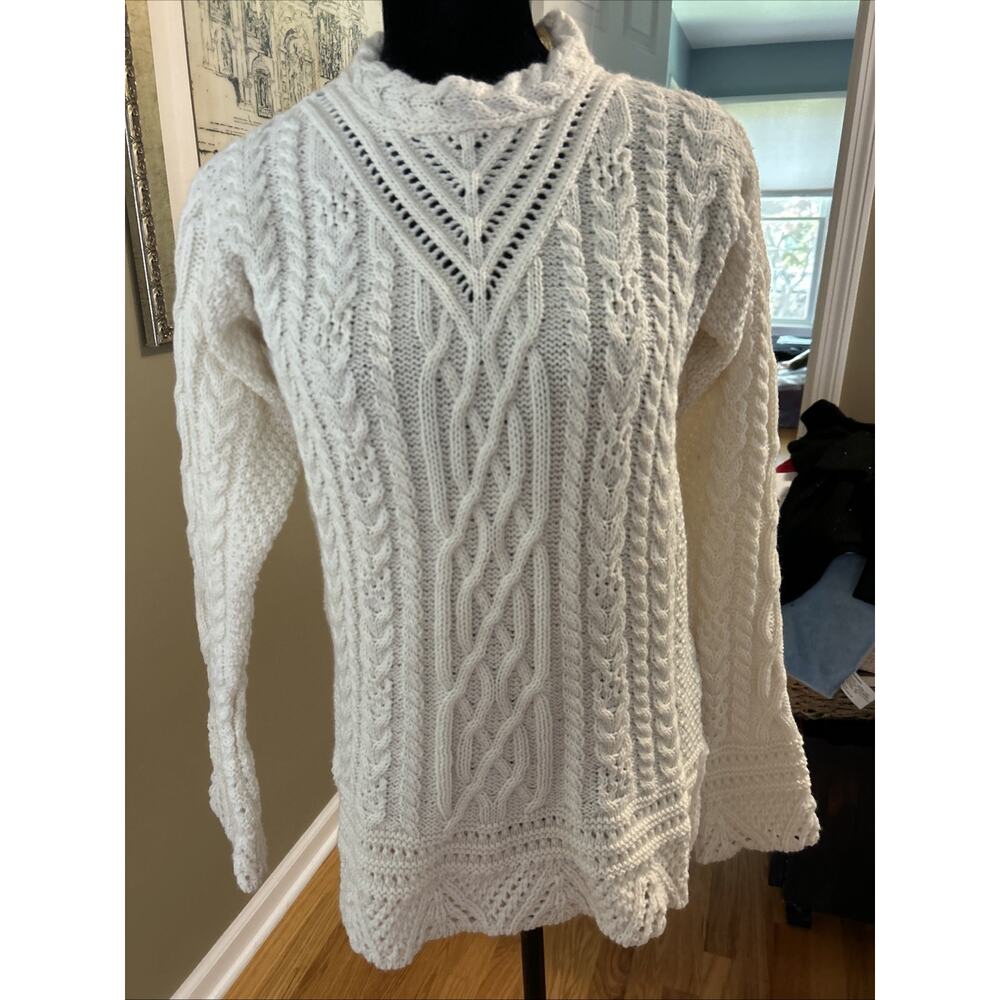 The Irish Store Women's Wool Sweater mixed Cable Knit tunic slits Ivory Size m